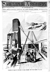 Transfer of grain by elevators to ocean steamers, New York Harbour cover illustration from the Scientific American, October 4th, 1879